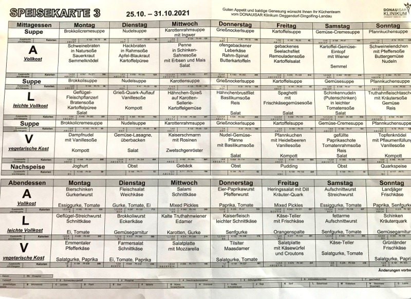 Speisekarte Klinikum